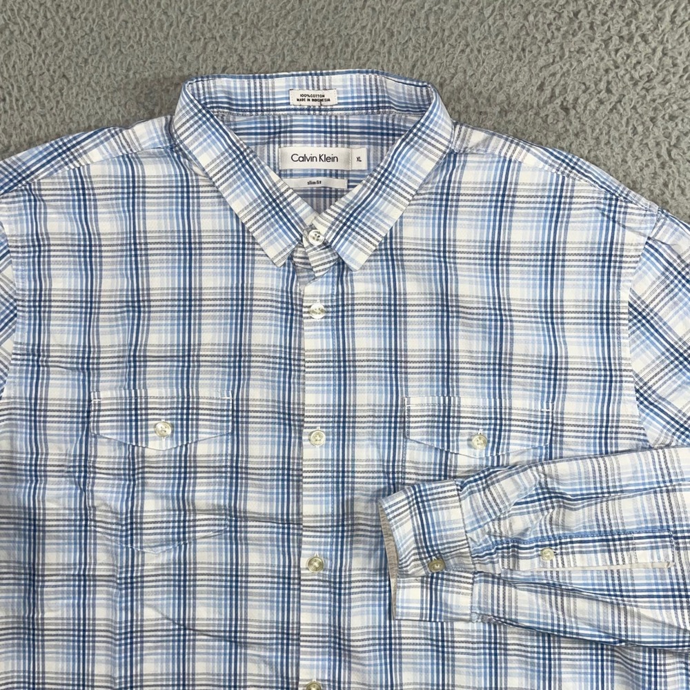 Calvin Klein Button Up Shirt‎ Men XL Slim Fit Plaid Long Sleeve Preppy Casual